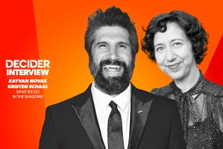 Kayvan Novak and Kristen Schaal in black and white on a bright orange background