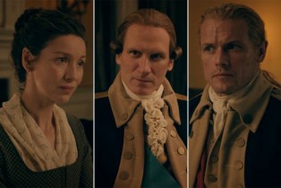 Claire (Caitriona Balfe), George Washington (Gary Fannin), and Jamie (Sam Heughan) in 'Outlander' Season 7 Episode 14